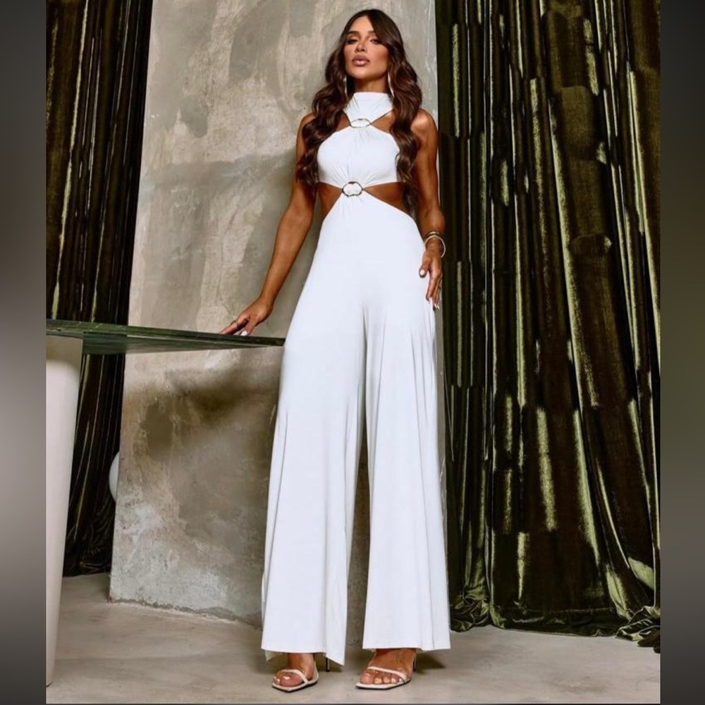 Mock Neck Gold Trim Cut Out Jumpsuit WHITE